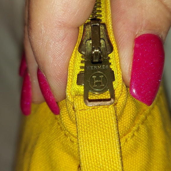 HERMES Bag Bolide Small Yellow Canvas with leather Trim Makeup Cosmetic Pouch - Picture 6 of 11